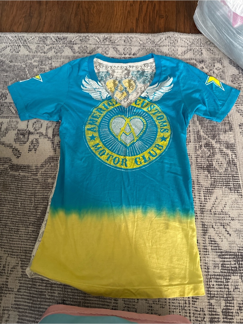 Affliction Teal to Yellow Ombre Wing Emblem V-Neck Tee